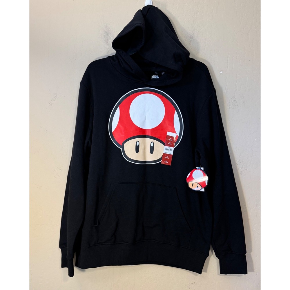 Super Mario Hoodie Men M Black Red Mushroom Nintendo Graphic Pullover NEW